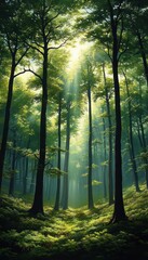 Fototapeta premium Sunlight streaming through tall green trees in a peaceful, dense forest with lush undergrowth and a serene atmosphere