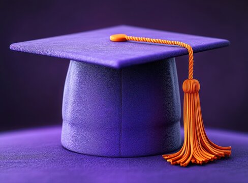 Close-up of a purple graduation cap with a bright orange tassel resting on a matching purple surface with a blurred purple background