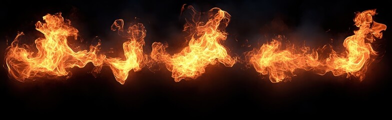 Row of intense bright orange flames flickering against a black background creating dynamic fire shapes