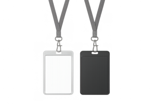 Id card mockups with black and white badges and lanyards for corporate branding and event identity