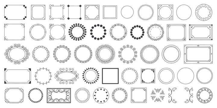 A diverse collection of classic and ornate decorative frames and borders. Oval, Round, and Square Borders for Elegant Design, Invitations, Certificates, and Vintage Graphic Illustration