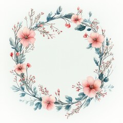 Obraz premium Delicate circular floral wreath with soft pink flowers and blue-green leaves creating an elegant and serene arrangement on a white background