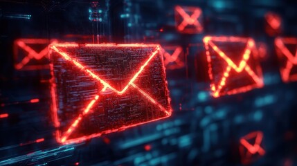 Glowing red digital envelope icons floating over a dark futuristic circuit board background representing electronic communication and data transfer