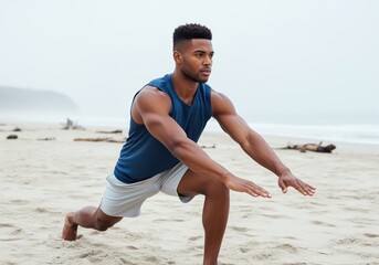 Muscular young man performing a deep lunge stretch during an outdoor beach fitness workout.
