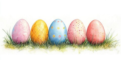 Fototapeta premium Row of five colorful speckled and patterned Easter eggs nestled in green grass with a soft watercolor effect