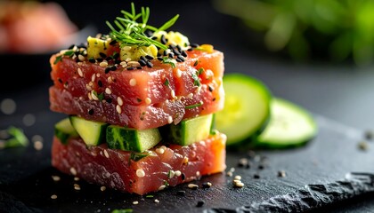 Layered tuna cubes and cucumber on dark slate dish
