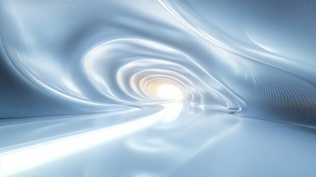 Futuristic smooth tunnel with flowing curved lines and glowing bright light at the end, creating a serene and otherworldly atmosphere - Powered by Adobe