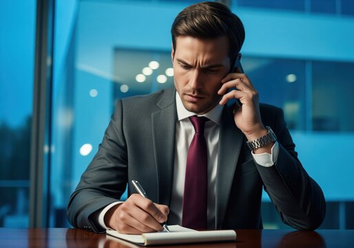 Focused businessman multitasking on a phone call while writing important notes