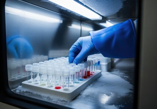 Gloved hand storing biological samples in cryogenic laboratory freezer