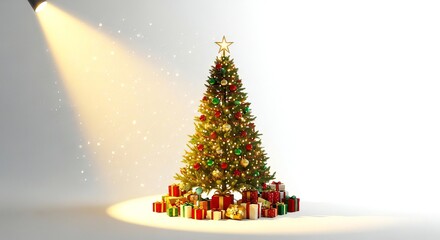 Radiant Christmas tree with star and presents glowing under spotlight, perfect for holiday greetings or seasonal promotion