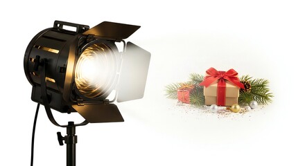 Festive Christmas presents illuminated by a bright studio spotlight, creating a warm holiday atmosphere for festive celebrations