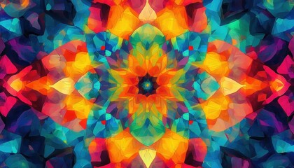 Symmetrical vibrant kaleidoscopic pattern with bright blue, orange, yellow, green, and red geometric shapes forming a radiant floral mandala design