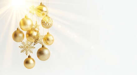 Stunning golden Christmas ornaments hanging with radiant light on pristine white background perfect for holiday cards or promotions