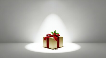 Classic Christmas gift box tied with red ribbon and holly leaves under spotlight, perfect for holiday promotions and festive campaigns