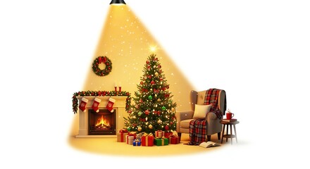 Experience the joy of Christmas with a festively decorated tree and cozy fireplace scene perfect for holiday cheer