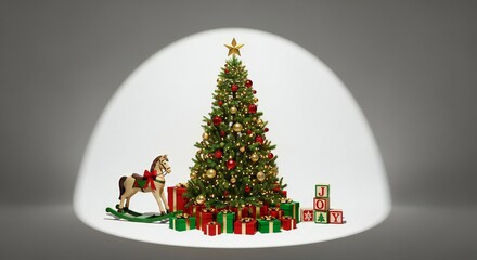 Classic Christmas tree scene with rocking horse and presents evokes joyful holiday memories for family celebrations and festive greetings