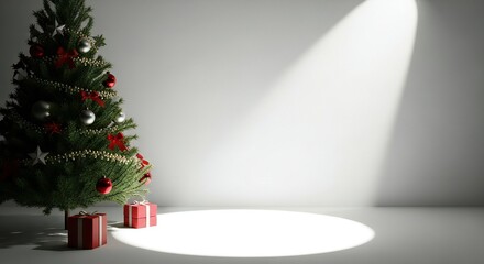 Elegant Christmas tree with gifts under spotlight, perfect for holiday promotions or festive seasonal designs