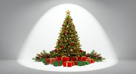 Elegant Christmas tree with glowing lights and presents creates festive holiday cheer perfect for seasonal promotions and campaigns