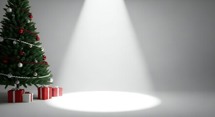 Elegant Christmas tree with gifts under spotlight perfect for holiday promotions and creating a magical festive mood