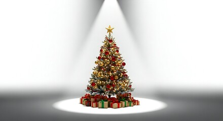 Elegant Christmas tree with sparkling lights and wrapped gifts under a spotlight for festive holiday celebrations and cheerful moments