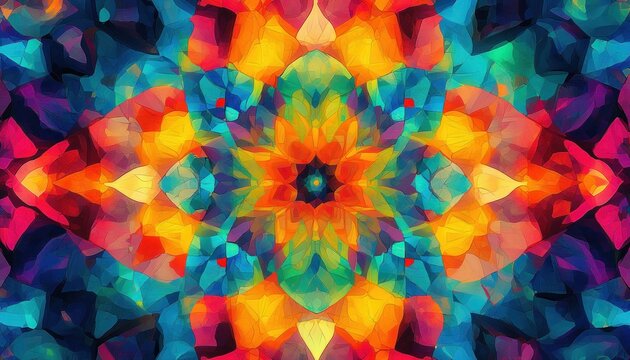 Symmetrical vibrant kaleidoscopic pattern with bright blue, orange, yellow, green, and red geometric shapes forming a radiant floral mandala design