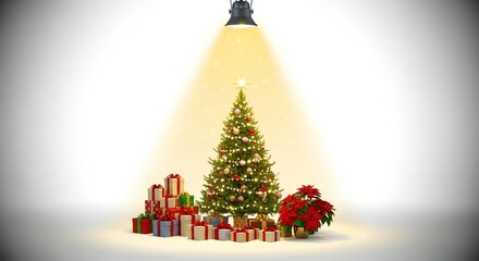 Experience the magic of Christmas with a beautifully decorated tree, gifts, and poinsettia ready to make your holiday shine