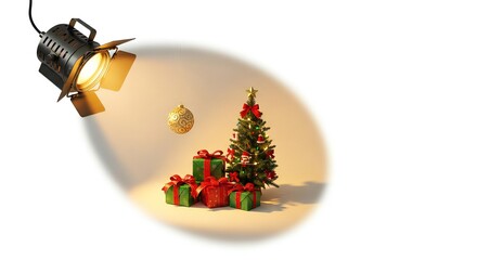 Festive Christmas gifts and charming tree under spotlight create a warm holiday atmosphere for seasonal marketing campaigns