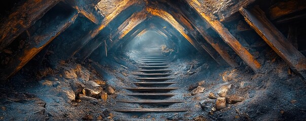 Dark, mysterious underground tunnel with wooden supports and a dirt path leading into foggy darkness, evoking a sense of exploration and suspense