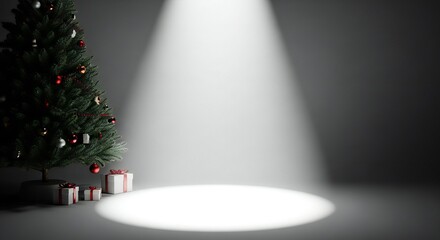 Create captivating Christmas promotions with this elegantly lit tree and gift backdrop for your seasonal campaigns and holiday events