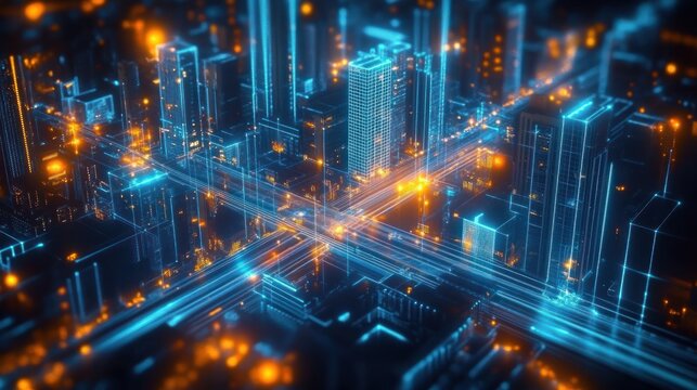 Futuristic cityscape with glowing neon blue skyscrapers and orange illuminated grid lines creating a complex urban network at night