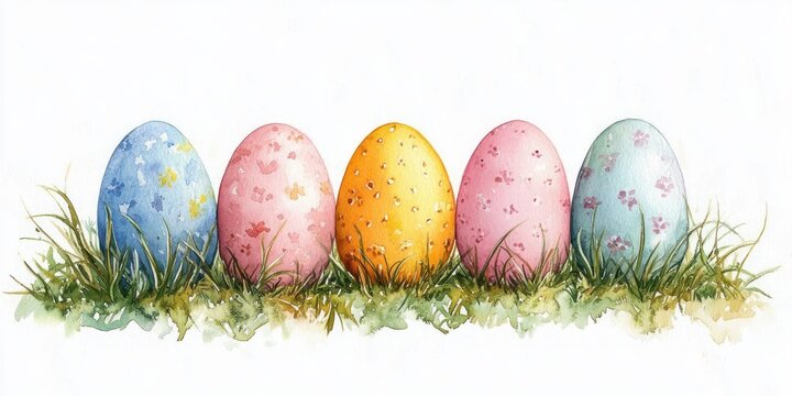 Five colorful decorated eggs with floral patterns lying on green grass against a white background