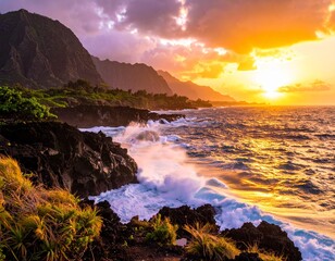 Obraz premium Golden sunset reflections over Hawaiian coastline cliffs, waves crashing against volcanic rocks, glowing orange sky with soft magenta clouds, seascape illuminated by warm sunlight, cinematic landscape