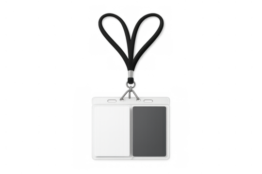 Id card holder with blank template badge and black heart-shaped lanyard, staff pass security access - Powered by Adobe