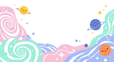 Fototapeta premium Pastel cosmic dreamscape with happy planets and swirling clouds ideal for children
