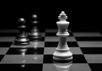 White chess king piece dominating the board in a dramatic monochrome setting.
