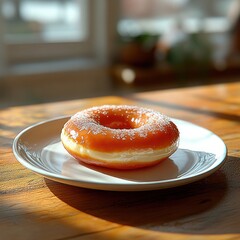 Close-up of a glazed doughnut with sugar sprinkles on a white plate on a wooden table bathed in warm sunlight creating a cozy morning atmosphere