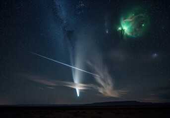Bright comet streaking across the dark night sky with a meteor trail and glowing nebula