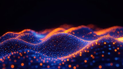 Glowing interconnected blue and orange digital wave forms creating a vibrant network pattern on a dark background, evoking a sense of technology and data flow
