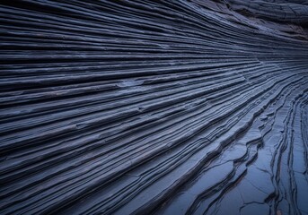 Fototapeta premium Compressed view of dark layered sedimentary rock formations showing parallel lines
