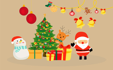 A festive, cheerful Christmas scene featuring Santa Claus, a snowman, a reindeer, a decorated Christmas tree, and wrapped gifts, all set against a neutral background