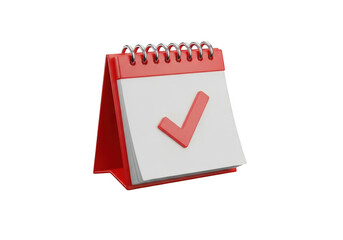3D illustration of a red calendar with a checkmark representing the schedule and completion of work, isolated on a transparent background. 3D calendar icon with date markers