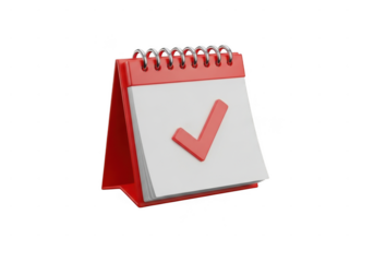 3D illustration of a red calendar with a checkmark representing the schedule and completion of work, isolated on a transparent background. 3D calendar icon with date markers