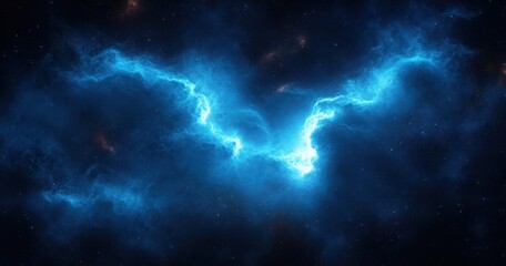 Vibrant blue cosmic nebula with swirling clouds of gas and bright glowing regions in deep space