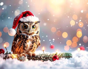 Owl in Santa hat perched on snowy pine branch lit