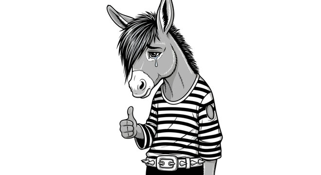 Melancholy mule expressing approval despite inner turmoil in monochromatic illustration