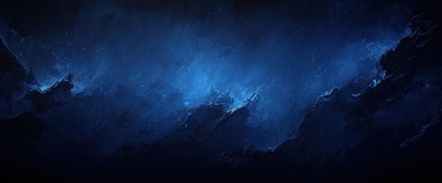 Abstract dark blue textured painting resembling turbulent ocean waves under a mysterious night sky