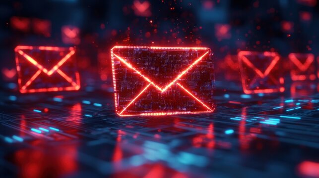 Glowing red digital envelopes representing electronic communication floating above a circuit board in a futuristic and dynamic environment