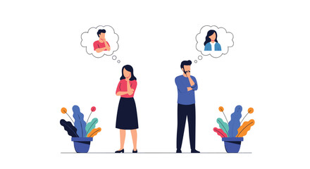 Fototapeta premium A man and a woman stand separately, each deep in thought about a person of the opposite gender, symbolizing dating, relationships, or gender perspectives.