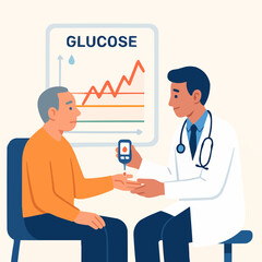 Flat vector of adult patient getting diabetes checkup with doctor and glucose chart