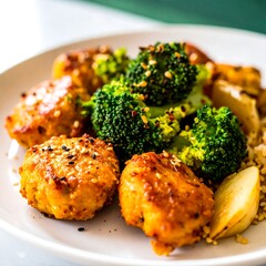 Close-up of a healthy meal with broccoli & chicken